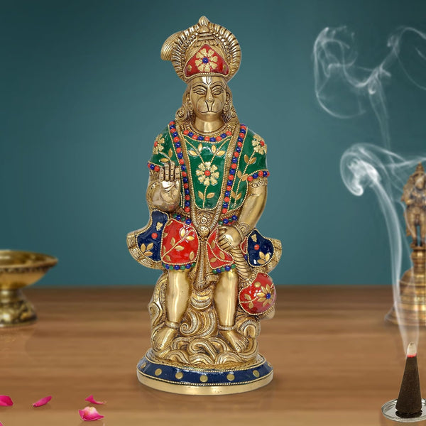 Brass Hanuman Statue Idol for Home Decor Office Mandir Pooja with Inlay Work (Height : 12 Inch) Mandir Setting