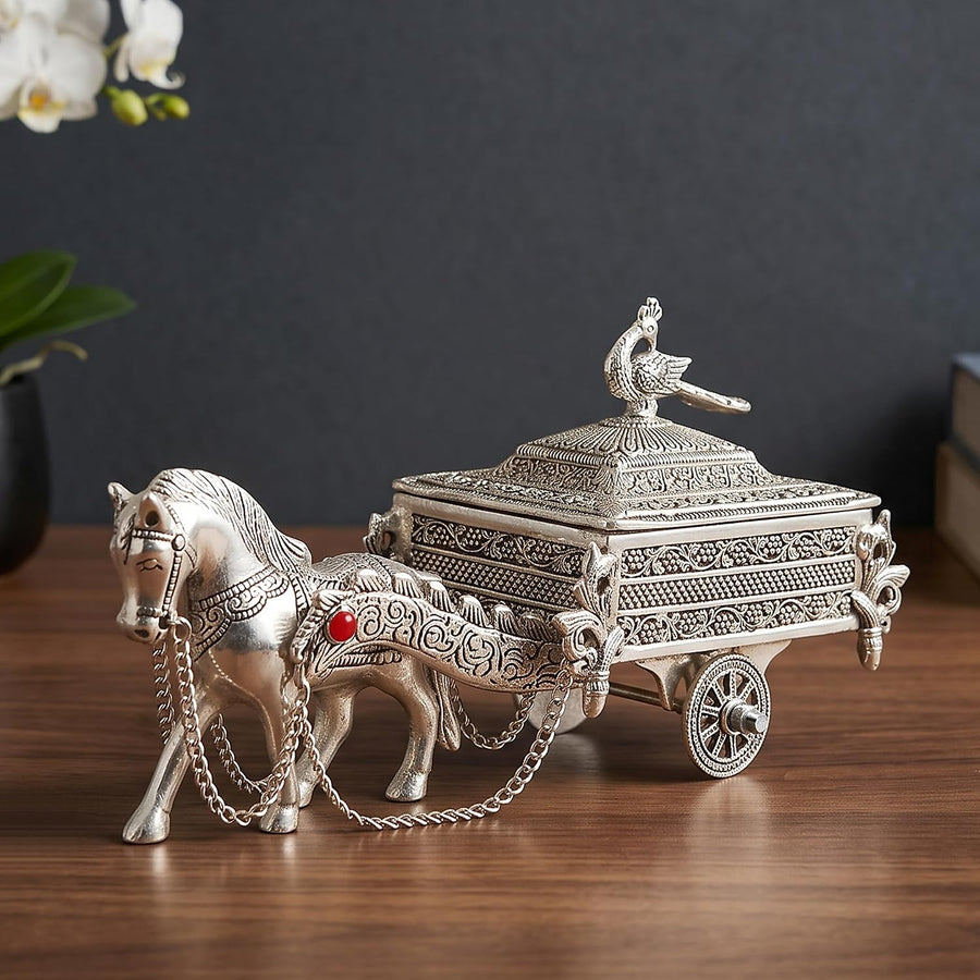 Metal Silver Horse Statue Decorative Storage Box, for Home Decor Living Room Table Top Diwali Decoration & Diwali Gifts (Height: 7 Inches) Craft Detail