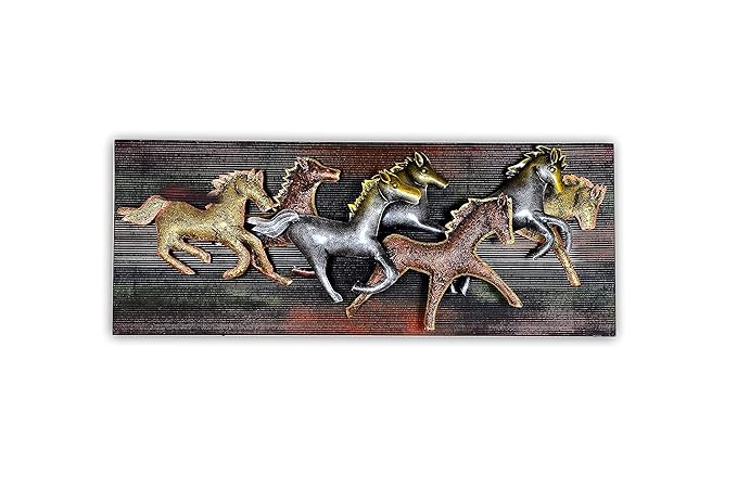 Iron 7 Seven Running Horses with LED Light with frame (Width: 36 inches)