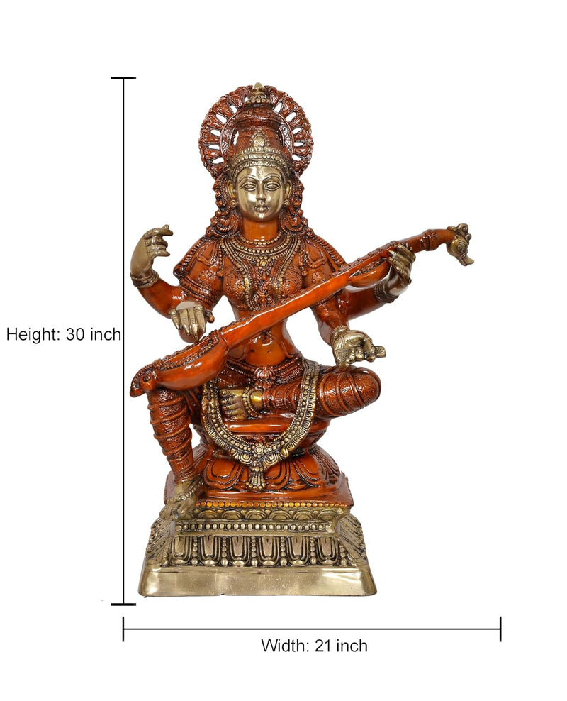 Brass Big Size Maa Goddess Saraswati Seated on Wooden PedestalI dol for Home Decor and Pooja (Height 30 Inch)