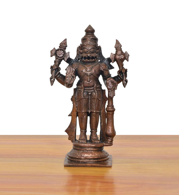 Copper Standing Lord Narasimha Idol (Height: 6 Inches) Study Setting