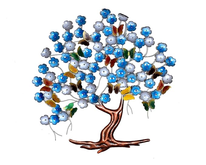 Iron Blossom Spring Blue Tree With Butterfly Wall Hanging (Height: 33 Inches)