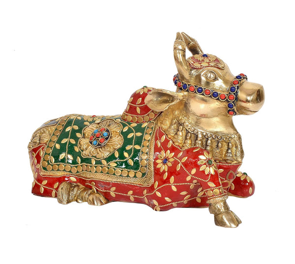 Brass Shiva Seated Nandi Statue (Height: 7.5 Inches) Study Setting