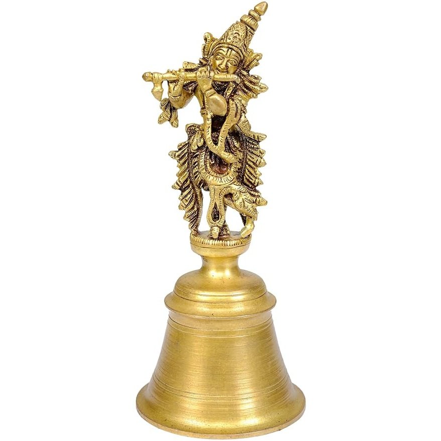 Brass Krishna Bell Idol for Pooja Ghar (Height: 7 Inches)