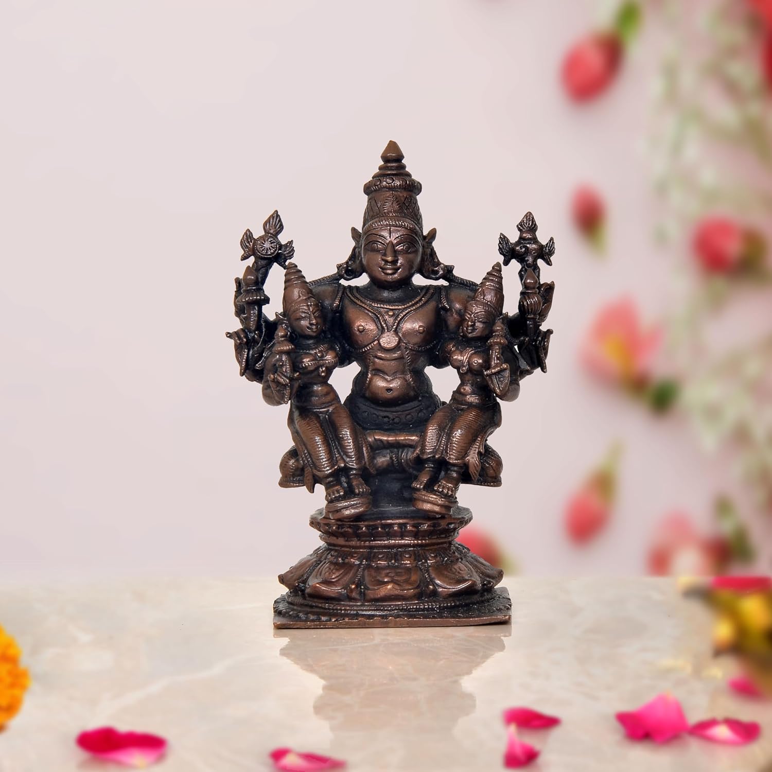 Copper Lord Vishnu with Bhudevi and Sridevi Idol (Height: 5 Inch)