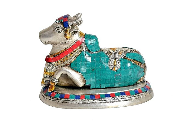 Brass Nandi Cow Idol Statue Shiv Temple Showpiece Multicolour Height 7 Inches Study Setting
