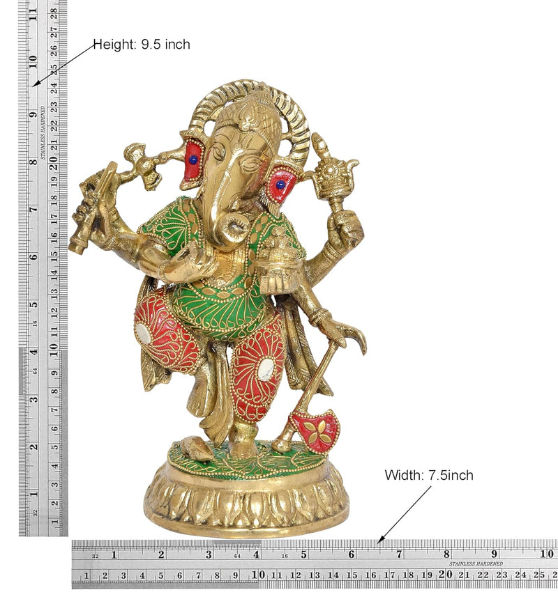 Brass Lord Dancing Ganesha Murti - Religious Statue for Home Office Mandir Temple Decor (Height 9.5 Inch)