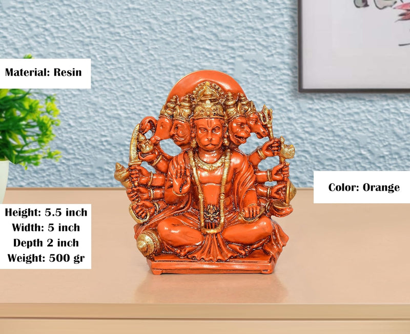 Resin Panchmukhi Hanuman Idol (Height 5.5 Inch) (Orange)