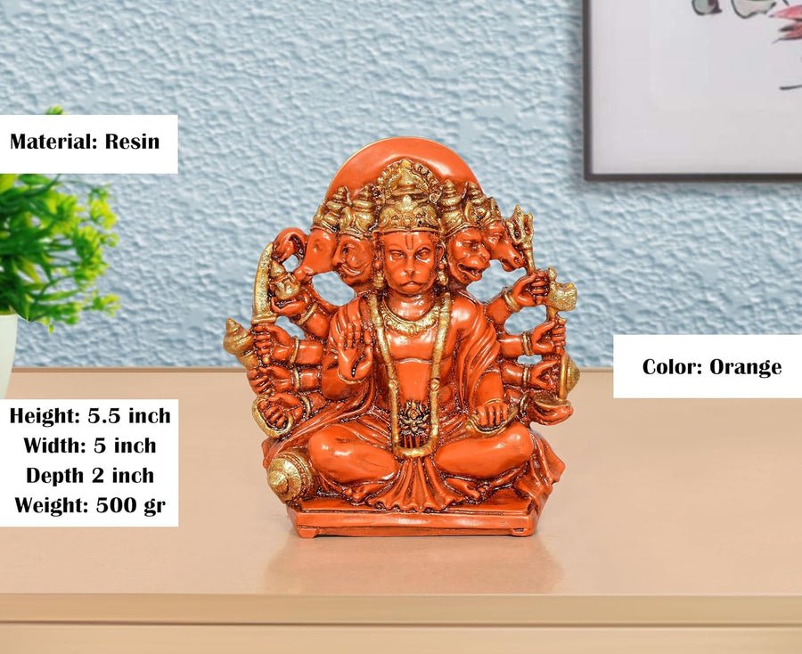 Resin Panchmukhi Hanuman Idol (Height 5.5 Inch) (Orange) Craft Detail