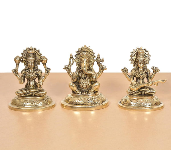 Brass Lakshmi Ganesha Saraswati Idol (Height:5 Inch) Study Setting