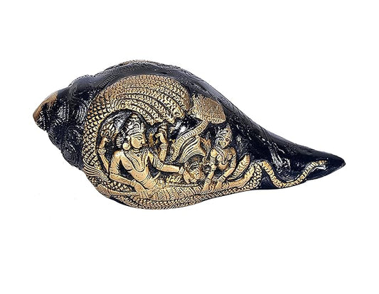 Brass Shankh Lord Vishnu and Goddess Laxmi (Height 9.5 Inches)