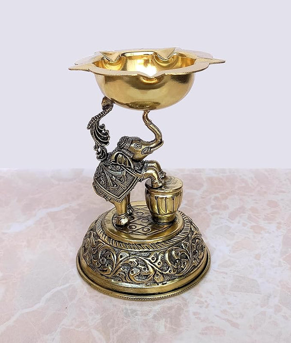 Brass Elephant Oil Lamp Diya for Home Pooja Antique Items Gift Items Deepam Diwali Home and Office Decor (Height: 5 Inch) Entryway Setting