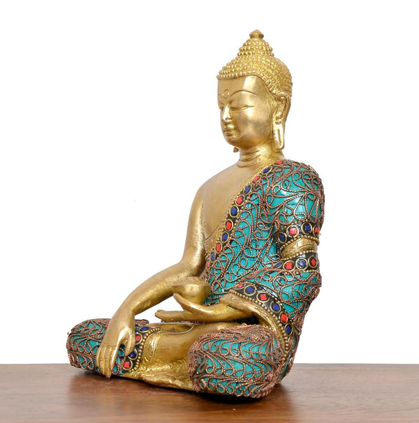 Brass Dhyan Mudra Buddha Statue Handcrafted Spiritual Decor for Home and Office Decor Meditating Buddha Idol (Height 7.5 Inch) Study Setting