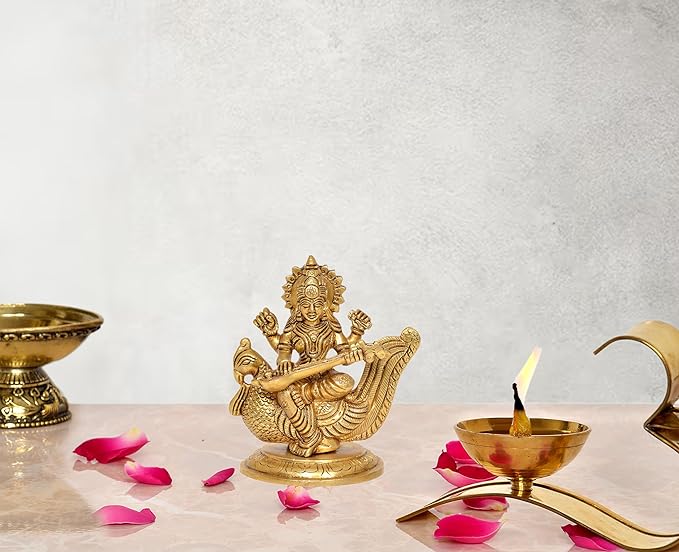 Brass Goddess Saraswati Sitting On Swan Devi (Height: 4.5 Inch)