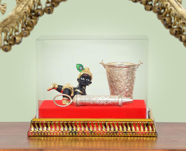 Laddu Gopal Krishna Decorated Box with Balti Pichkari (Width 5 Inch) Mandir Setting