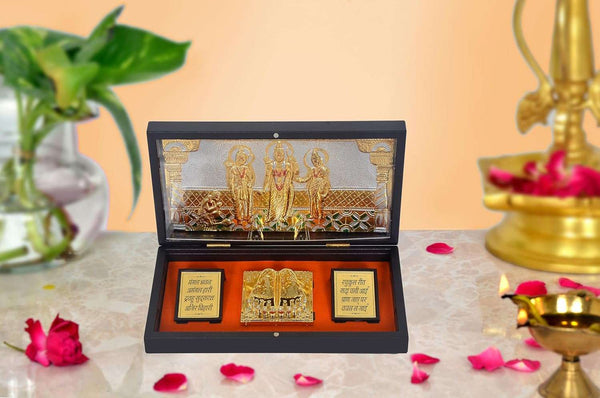 Metal Gold Plated Lord RAM DARBAR (Length : 8.5 inch) Mandir Setting