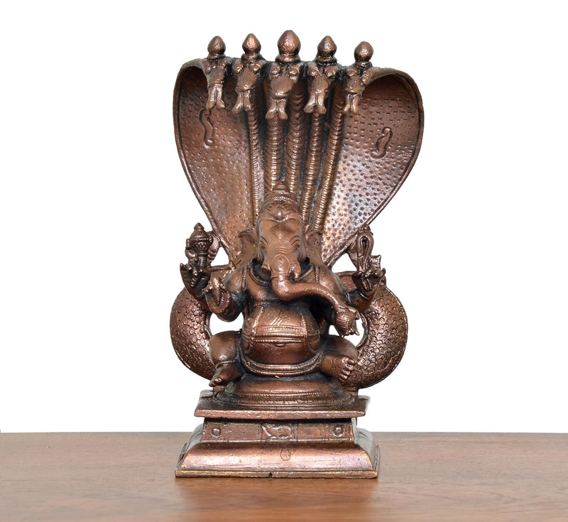 Copper Lord Ganesha with Adishesha Nag Statue (Height 6 Inch)