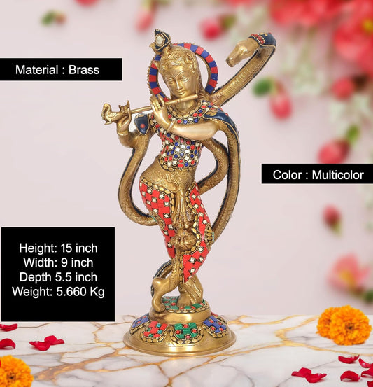 Brass Lord Krishna Surrenders to Kaliya naag Sculpture Playing Flute (Height: 15 Inch)
