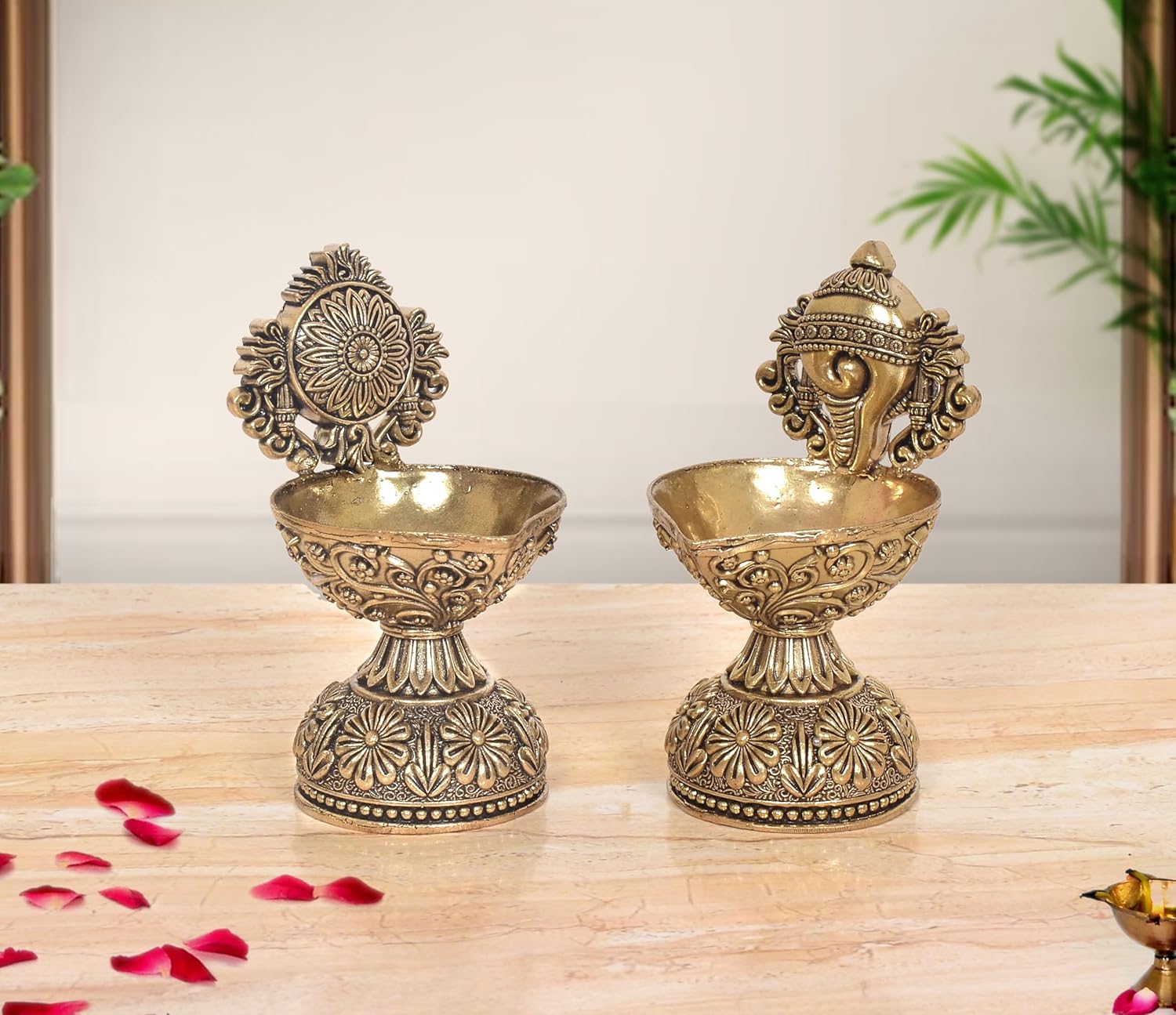 AONA Bronze Traditional Diya Shankh, Chakra Oil Lamp Stand Vishnu Symbol