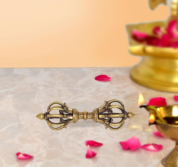 Tibetan Buddhist Nine Pronged Small Dorje in Brass Handmade, Length : 16 cm Mandir Setting