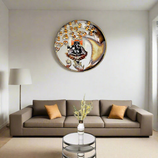 Iron Ganeshji on swing playing flute Wall Hanging (20 inch diameter)