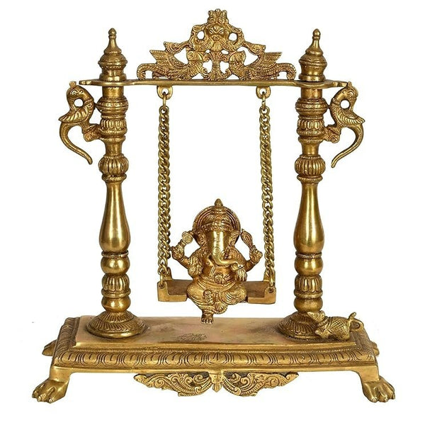 Brass Idol Ganesha Sitting on Swing Idol Ganesha Height 13 Inches Mandir Setting