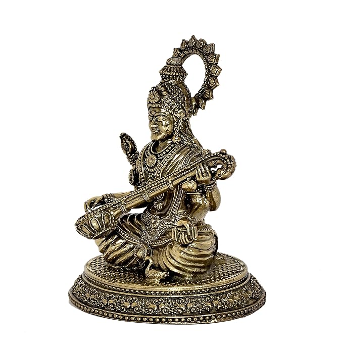 Fine Brass Goddess Saraswati Idol Suited for School Bag (Height: 4.5 Inch)