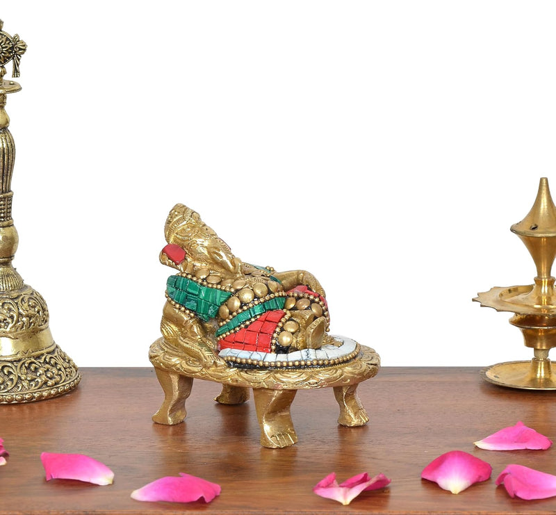 Brass Relaxing Ganesha Statue (Height :3 inch) (Multicolor a)