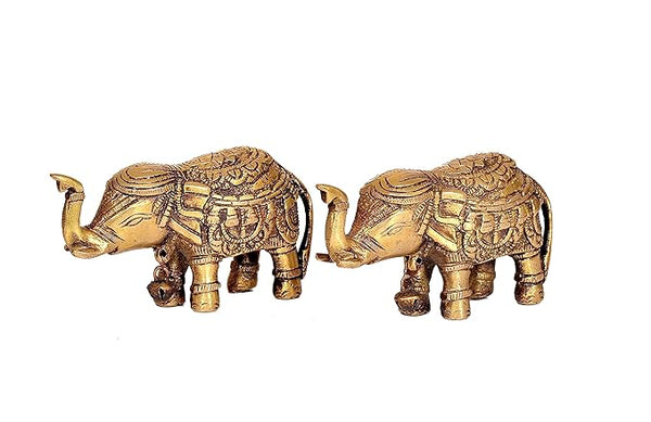 Brass Royal Elephant Idol Figurine Showpiece Golden Height 2.5 Inches (Set of 2) Study Setting
