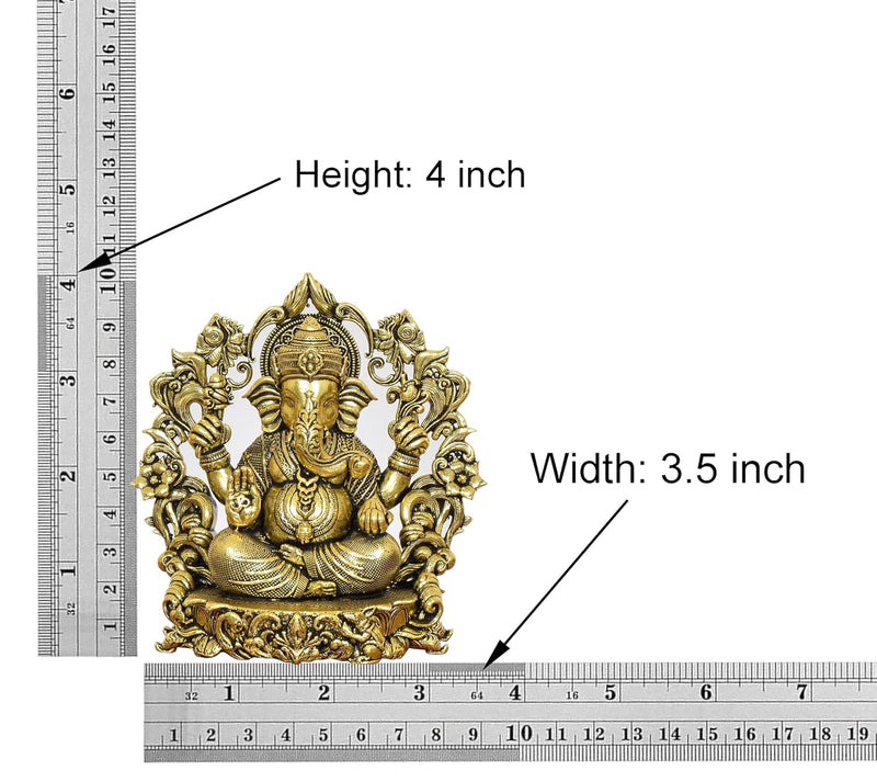 Bronze Chaturbhuja Ganesha Idol with Floral Arch Golden (Height 4 Inch)