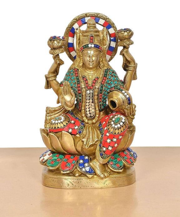 Brass Lakshmi Idol with Pot of Money (Height: 12.5 Inch)