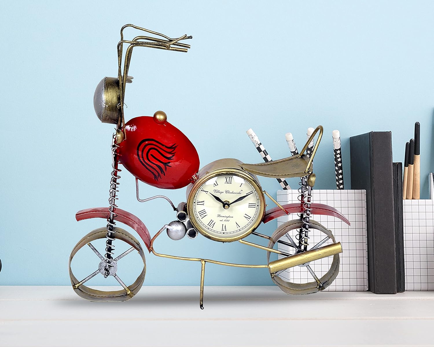 Metal Bike with Watch Statue Multicolour (Height 15 Inches)