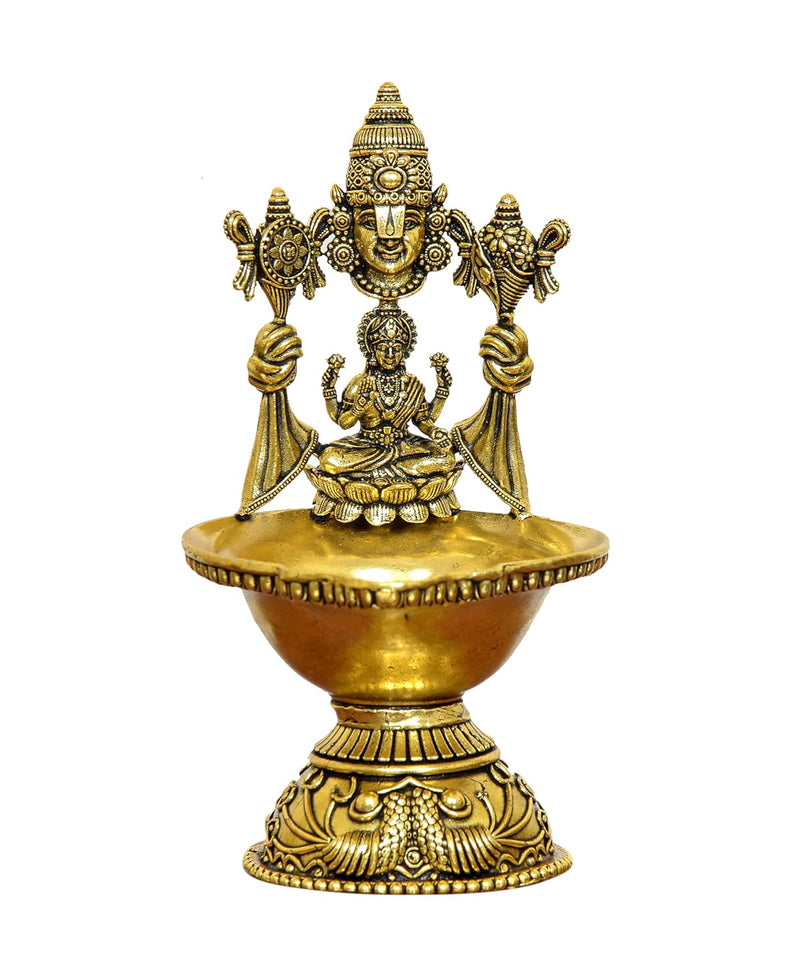 Bronze Tirupati Balaji and Goddess Lakshmi Diya Oil Lamp (Height 5.5 Inch)