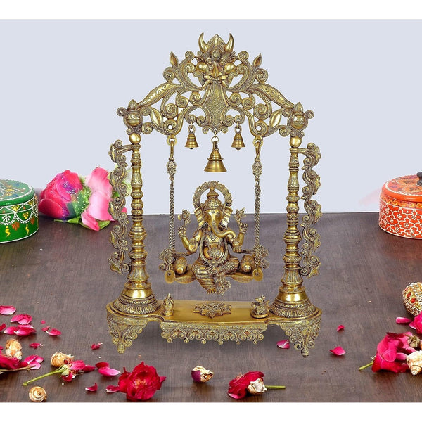 Brass Ganesha Swing (Height : 27 Inches) (Golden) Mandir Setting