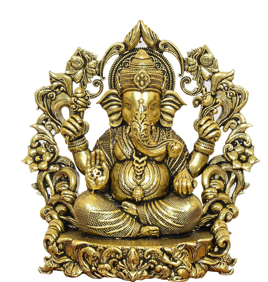 Superfine Brass Chaturbhuja Ganesha Idol with Floral Arch Golden (Height 4 Inch) Craft Detail