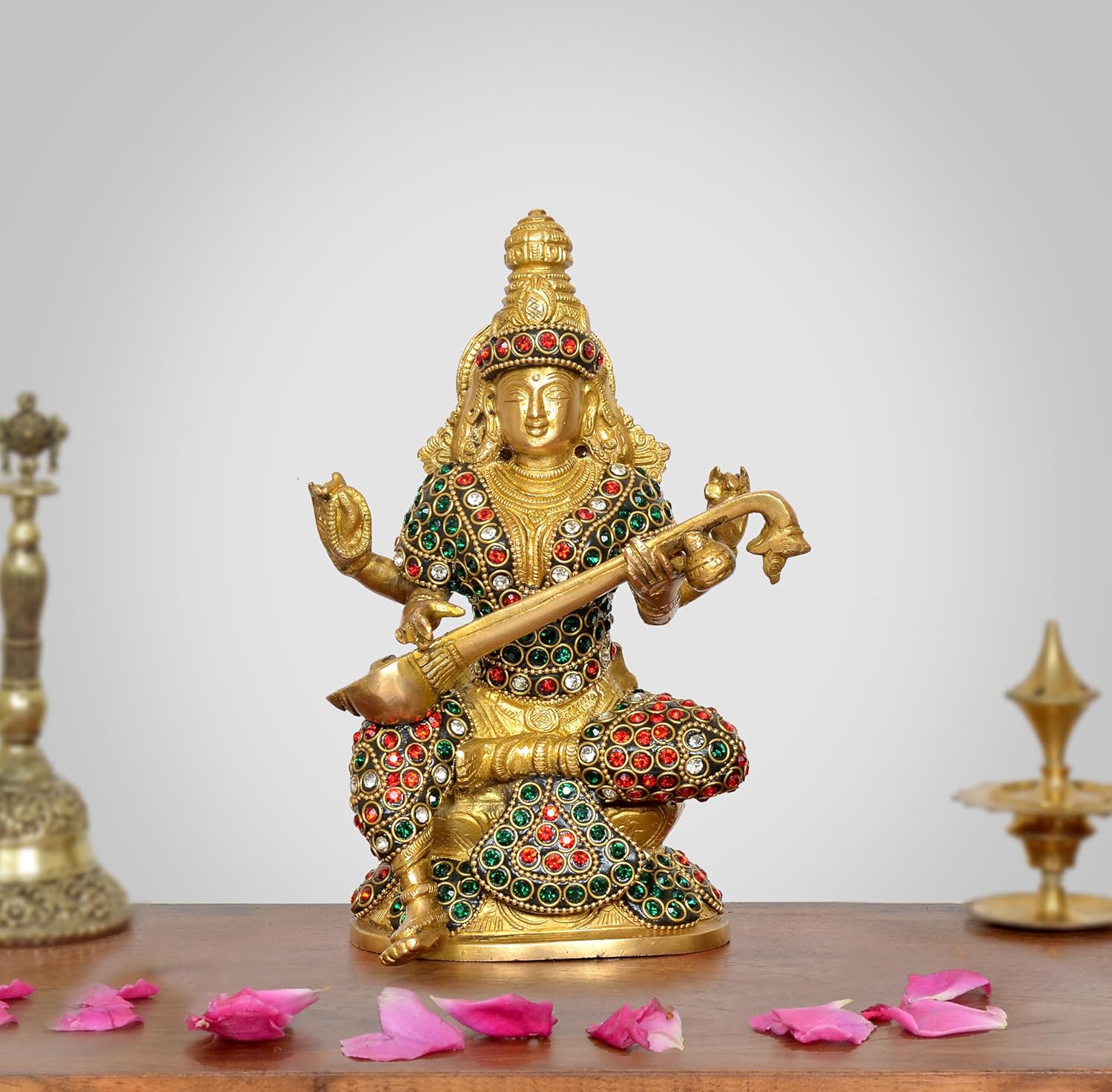 Brass Maa Saraswati Statue Handcrafted Hindu Goddess Saraswati Idol for Home Decor and Pooja (Height 8 Inch)