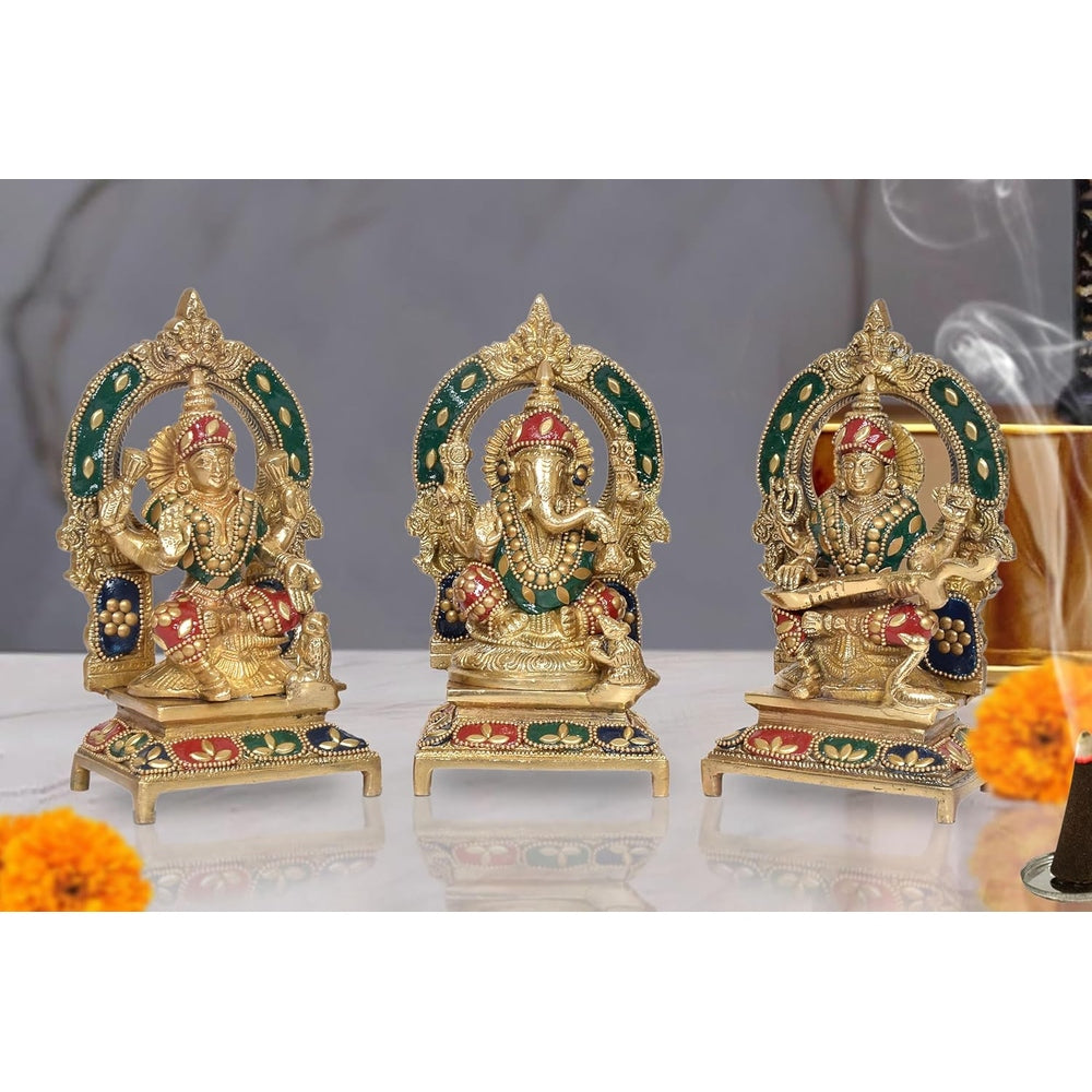 Brass Lakshmi Ganesh Saraswati Statue Idol Murti for Home Decor Pooja Mandir Diwali Decorative Showpiece Multicolor (Height 7.5 inch)