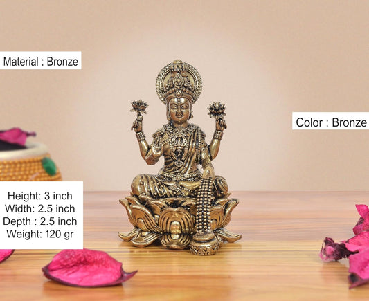 Bronze Goddess Lakshmi on Lotus Murti (Height 3 Inch)