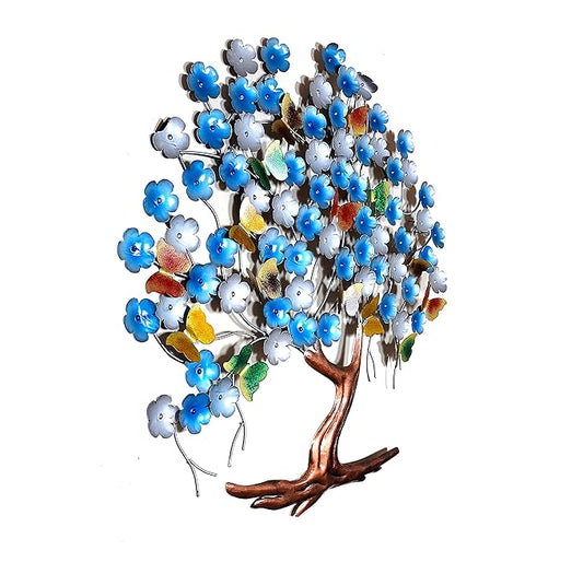 Iron Blossom Spring Blue Tree With Butterfly Wall Hanging (Height: 33 Inches)