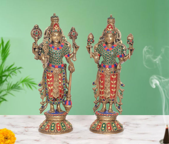 AONA Brass Standing Maa Lakshmi and Vishnu Religious Murti