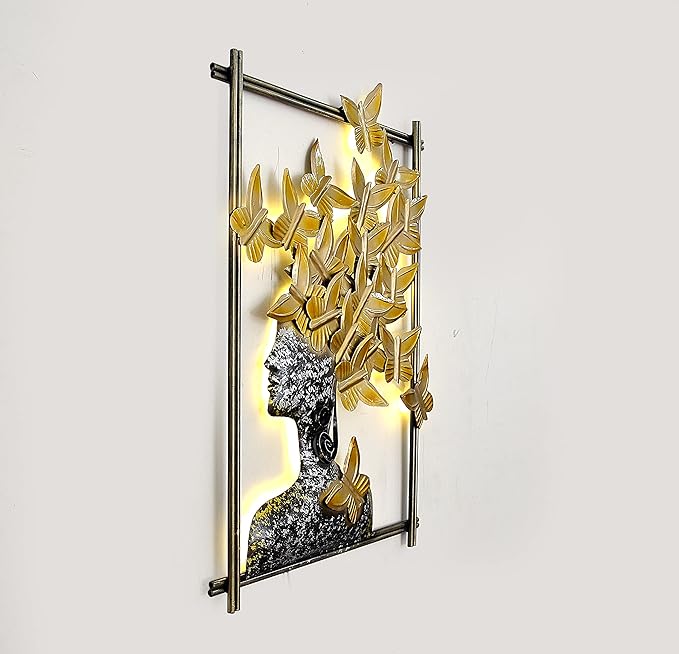 Iron Abstract Woman with Butterfly Hair Frame Wall Decor (Height: 29 Inches)