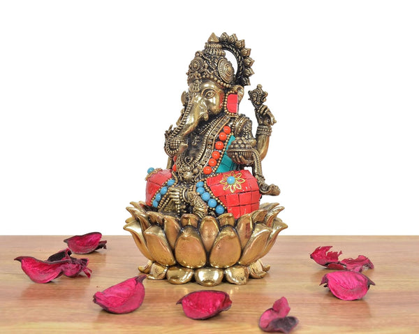 Superfine Brass Lord Ganapati Bappa Religious Murti (Height: 6 Inches) Study Setting