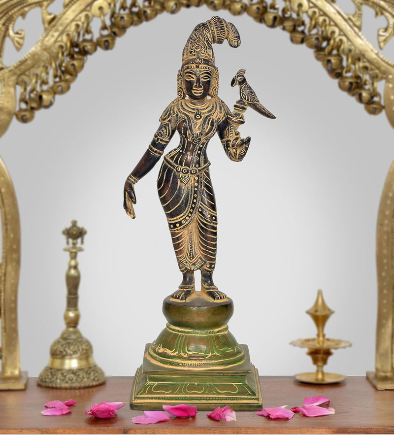Brass Andal Devi with Parrot Statue Hindu Goddess Parvati Idol for Home Temple, Spiritual Decor, and Religious Gifts (Height: 12 Inch)