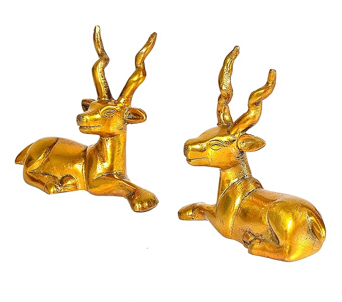 Brass Pair Sitting Hiran Deer Decorative Showpiece Home Office Table Decor Gift Item Golden Height 4 Inches Craft Detail