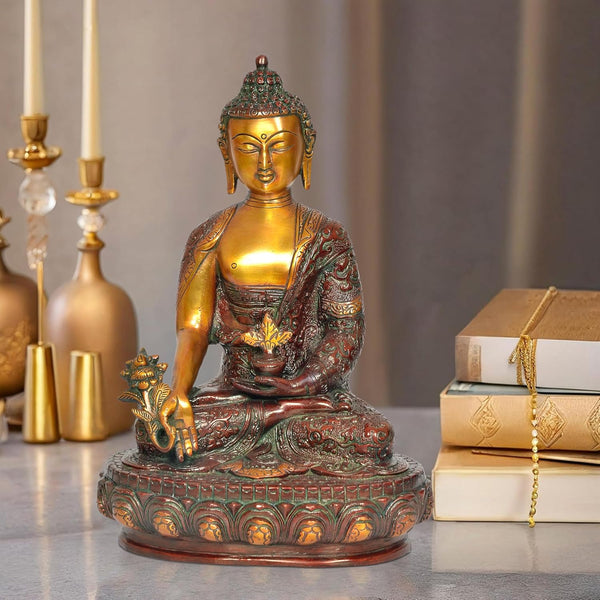 Brass Buddha Dhyan Mudra Statue Handcrafted Spiritual Decor for Home and Office Decor Meditating Buddha Idol (Height 12 Inch) Mandir Setting