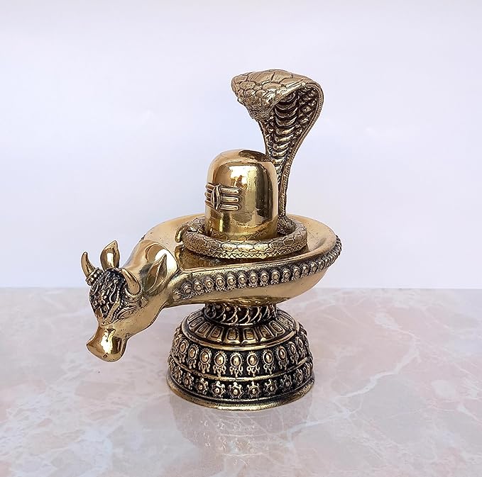 Brass Shiva Ling Murti Shivling with Nandi Maharaj Figurine Bronze Sculpture Deity Lord Shiva Statue Hindu Puja Vastu Gifts Home Decor Height: 5 inch Craft Detail