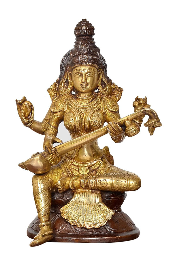 Brass Maa Saraswati Statue Handcrafted Hindu Goddess Saraswati Idol for Home Decor and Pooja Statue (Height 8 Inch) Entryway Setting