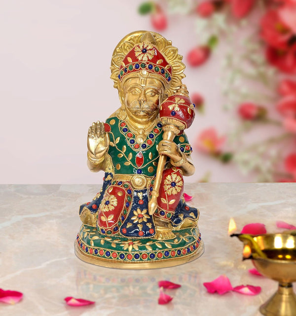 Brass Hanuman JI Sitting Statue Idol Sculpture Statue for Home Decor Pooja Mandir (Height: 9 Inch) Mandir Setting