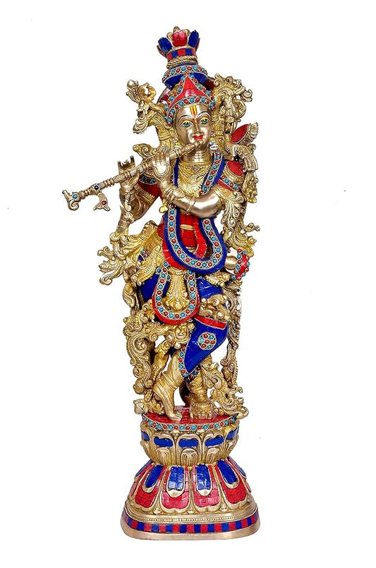 Brass Pair of Radha Krishna Murti (Height: 29 inches)