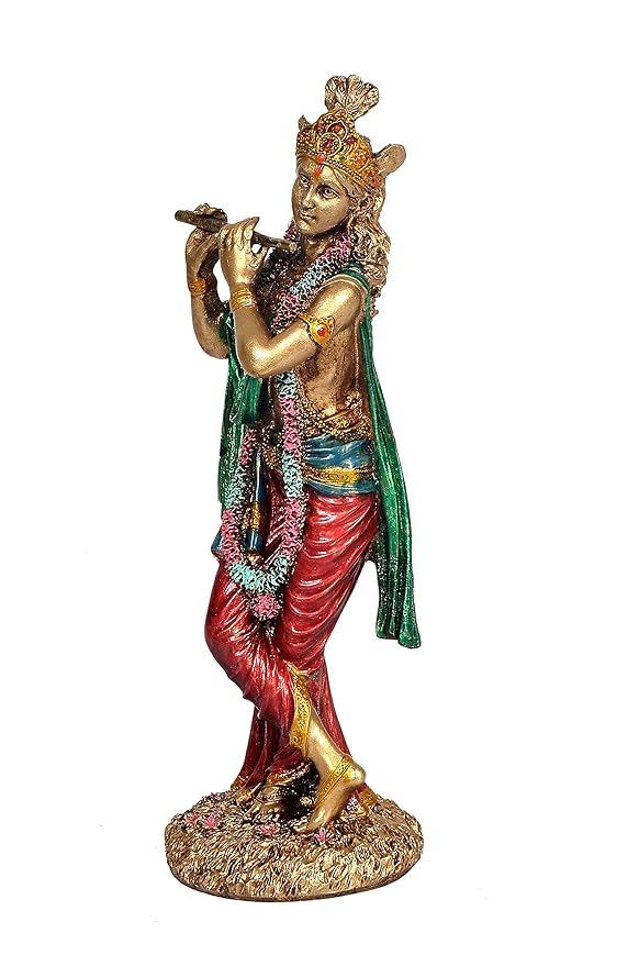 Cold Cast Krishna Playing Flute Multicolour in Resin for Home Office Mandir, Height : 10 Inch Study Setting
